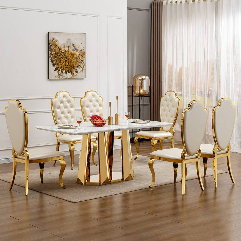 70'' Rectangle Faux Marble Dining Table with Mirrored Finish Stainless Steel Base - Gold+White