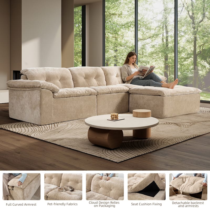 Rossetta L-Shaped Modular Chenille Cushioned Extreme Comfort Sofa with Detachable Backrest and Armrests, 1 Removable Ottoman