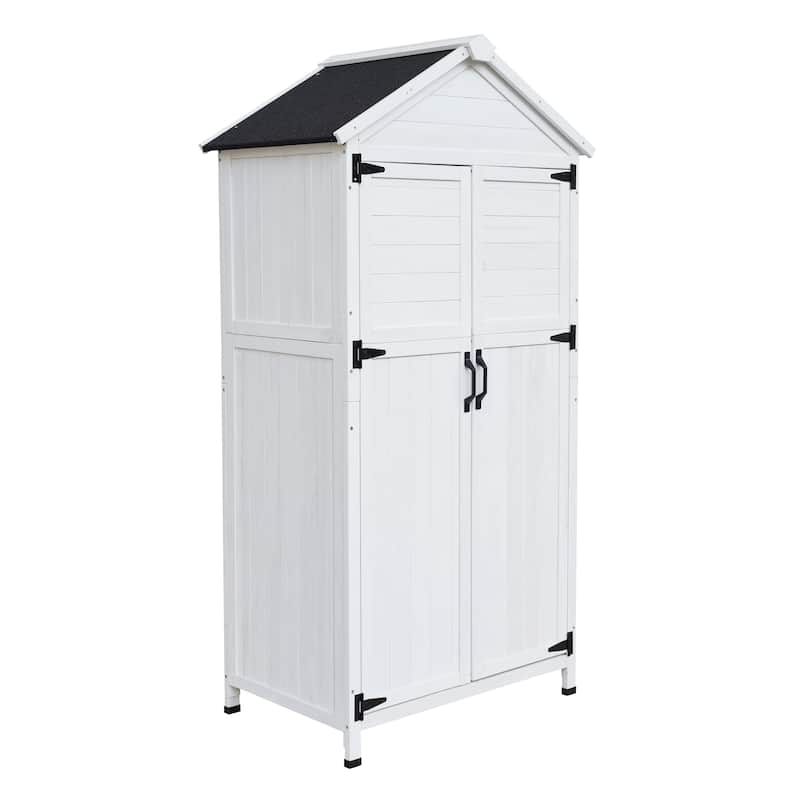 Roomfitters 67 Inch White Fir Wood Outdoor Storage Shed with Double Doors, Waterproof Roof