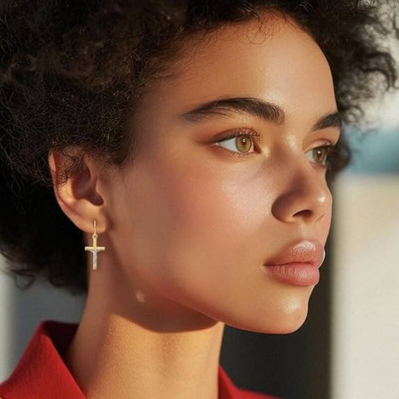 Curata 10k or 14k Two-Tone Gold Crucifix Cross Hook Drop Earrings -12mm x 30mm