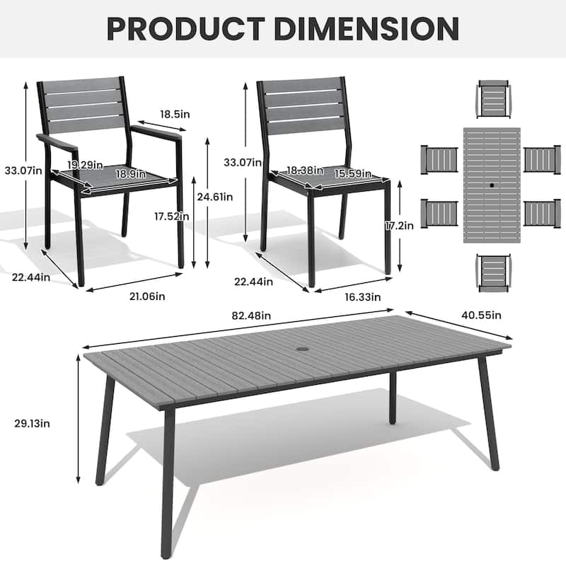 Outdoor Patio Dining Set 7/9 Piece Furniture Set Aluminum Dining Table with Umbrella and Stackable Chairs