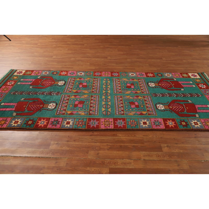 Hand Knotted Oriental 100% Wool Carpet Traditional Tribal Green Heriz (serapi) Runner Rug - 9' 10'' X 4' 2''