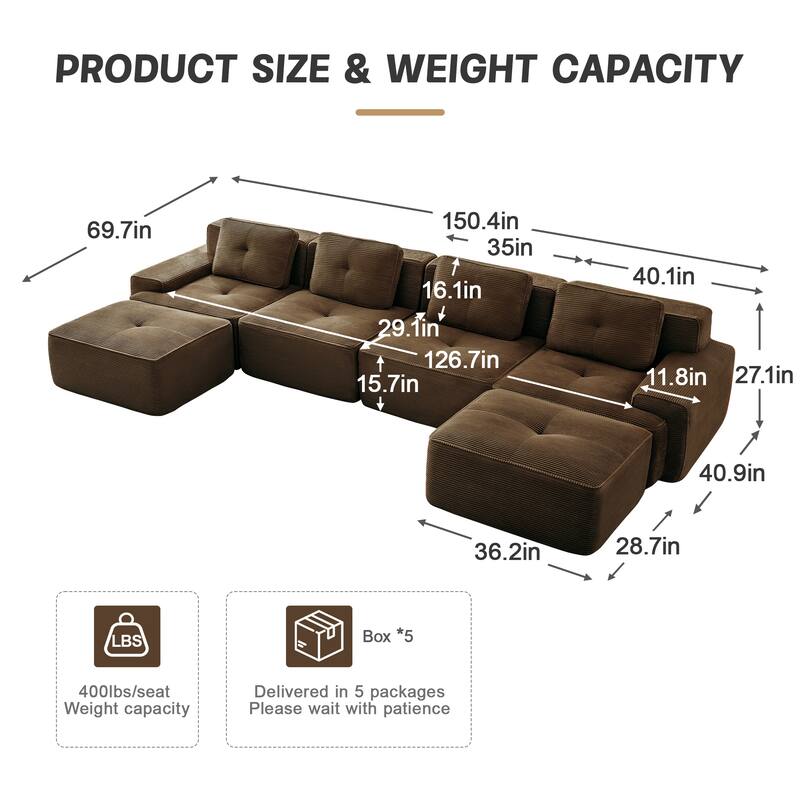 Roomfitters No Assembly Modular Sofa, 117 Inch Corduroy 3-Seater with Piping, Brown
