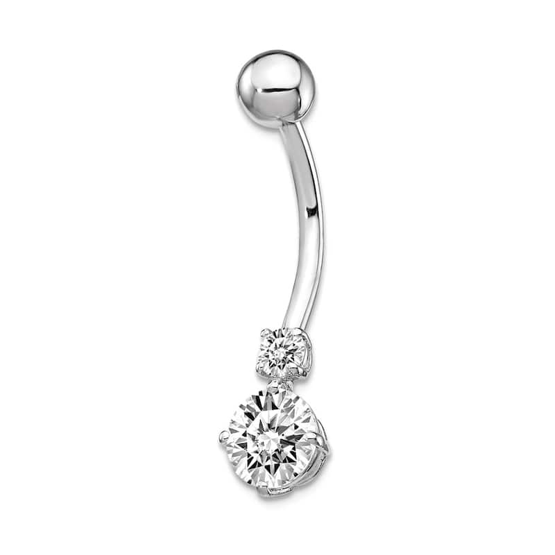 Curata 10k Yellow or White Gold 14g 3 and 6mm Simulated Diamond Internally Threaded Belly Ring - 7x26mm - White Gold
