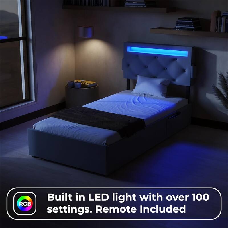 Twin Size LED Bed Frame with USB Charging Station & 4 Storage Drawers