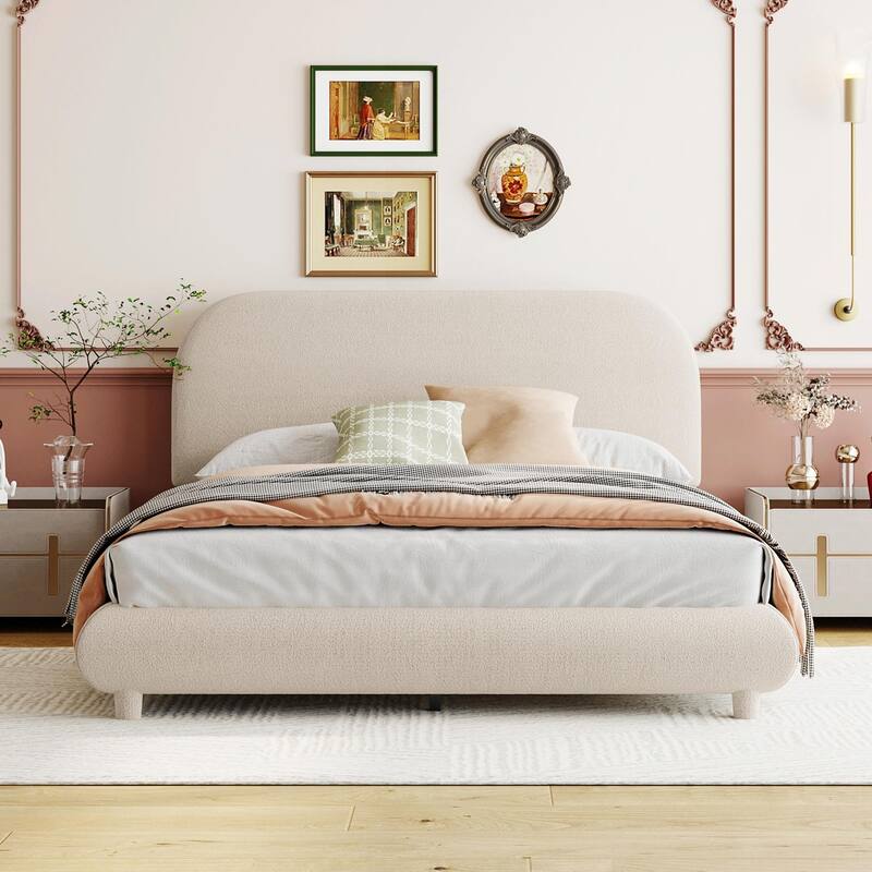 Teddy Fleece Upholstered Platform Bed with Stylish Curve-shaped Design