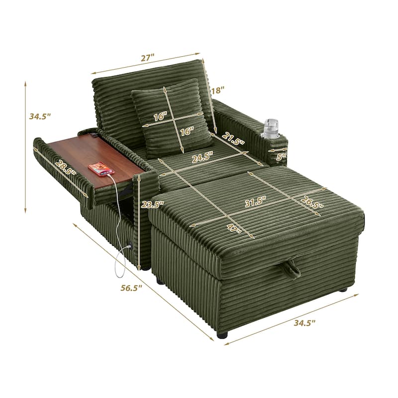 Fluffy Corduroy Lazy Sofa Chaise Lounge with Accent Chair, Storage Ottoman, Folding Table Board, Cup Holder and USB