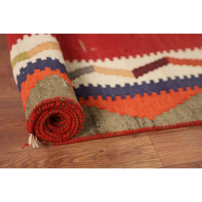Geometric Kilim Qashqai Persian Vintage Rug Hand-Woven Wool Carpet - 4'5"x 8'1"