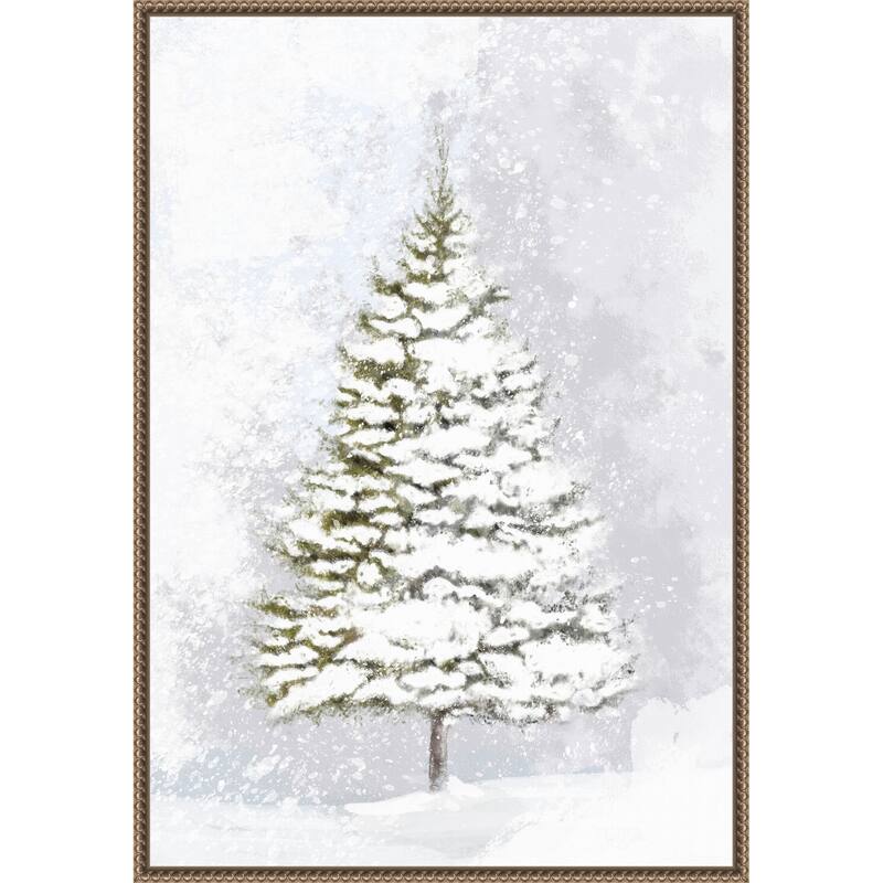 Lone fir in the snow by Rosana Laiz Blursbyai Framed Canvas Wall Art Print - Sylvie Beaded Dark Gold