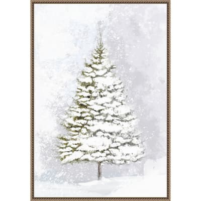 Lone fir in the snow by Rosana Laiz Blursbyai Framed Canvas Wall Art Print - Sylvie Beaded Dark Gold