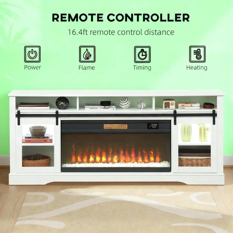 Farmhouse Fireplace TV Stand for TVs up to 80", TV Console TV Cabinet with 36" Electric Fireplace - White