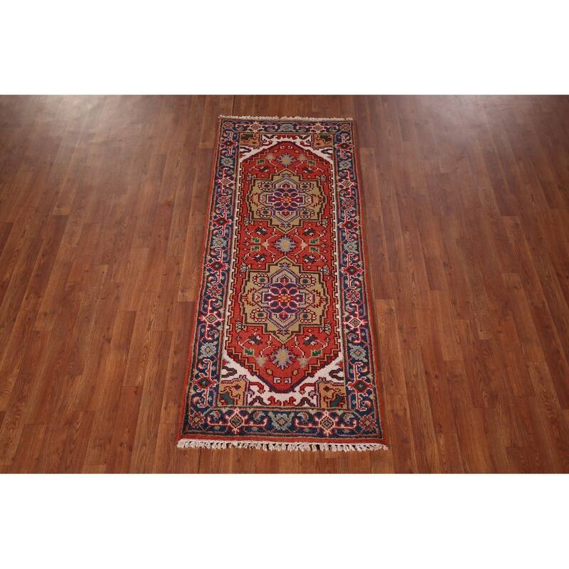 Orange Geometric Heriz Serapi Foyer Rug Hand-Knotted Wool Carpet - 2'6"x 6'1"