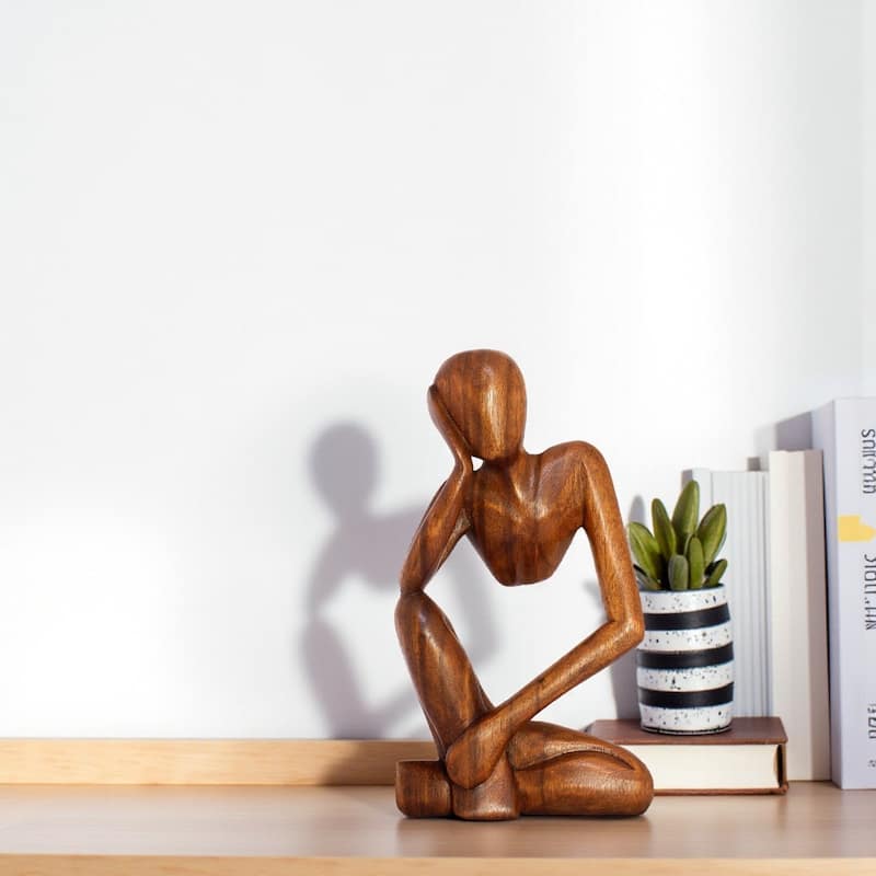 12" Wooden Handmade Abstract Sculpture Statue Handcrafted "Thinking Man" Gift Art Home Decor Figurine Decoration Hand Carved