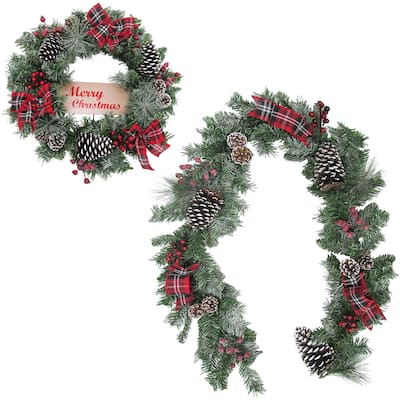 Fraser Hill Farm 24-in. Wreath and 6-ft. Garland Set, Flocked