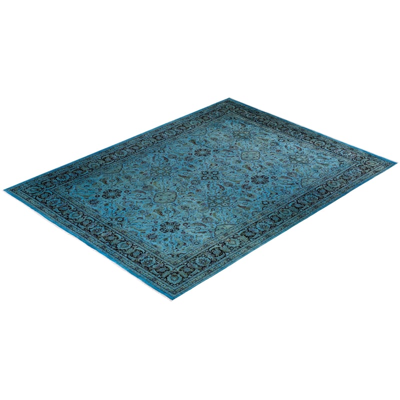 Overton Hand Knotted Wool Vintage Inspired Modern Contemporary Overdyed Blue Area Rug - 9' 2" x 12' 3"