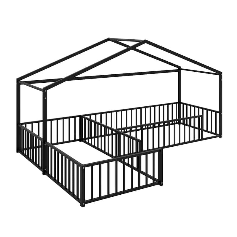 Twin Size L-shaped Corner Montessori Bed with Fence, Metal House-shaped Bed Frame, Without Slats, Floor House Bed for 2 Kids