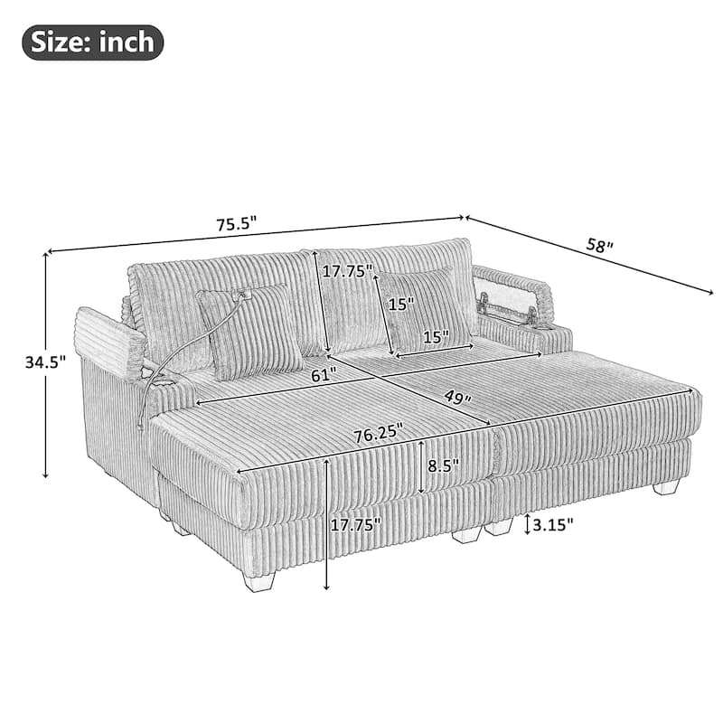 Corduroy Chaise Lounge Sofa Loveseat Sleeper Sofa with Adjustable Backrest, Cup Holders, Phone Holder and Dual Storage Armrest