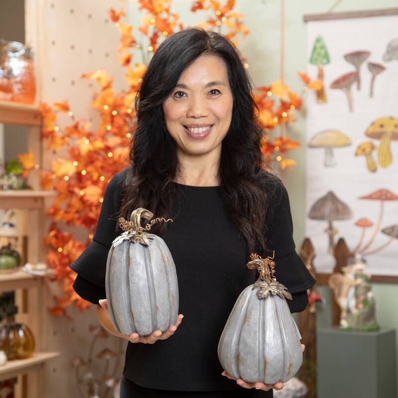 Resin Galvanized Pumpkin Statues, Set of 2