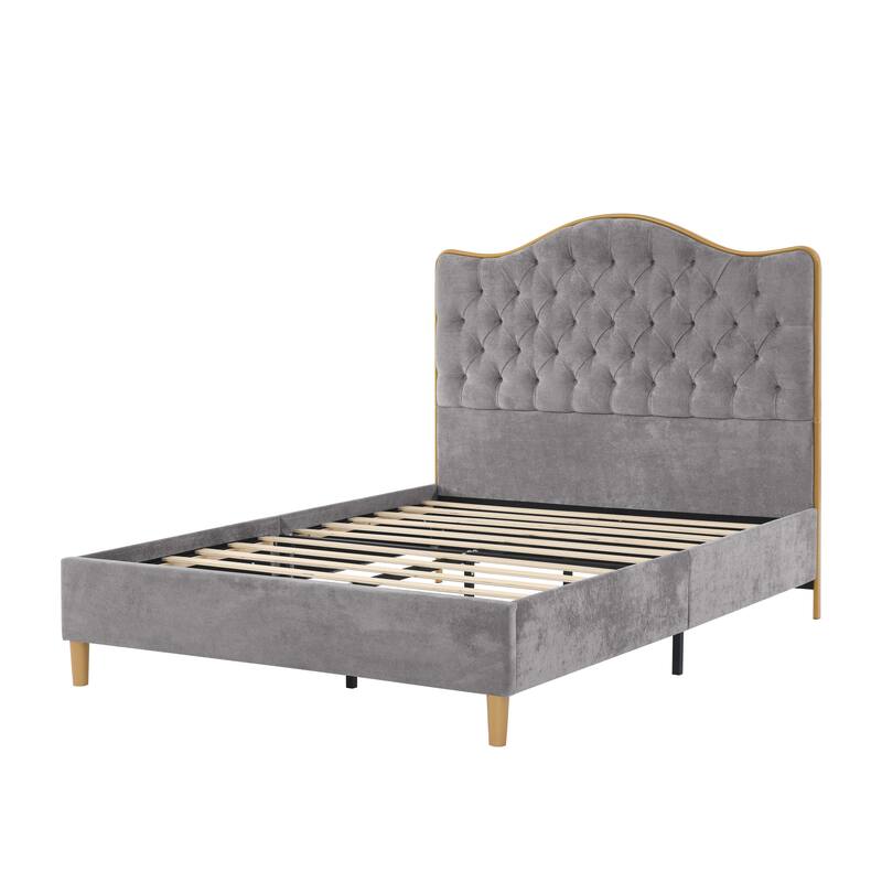 Tufted Upholstered Queen Bed Frame with Curved Headboard