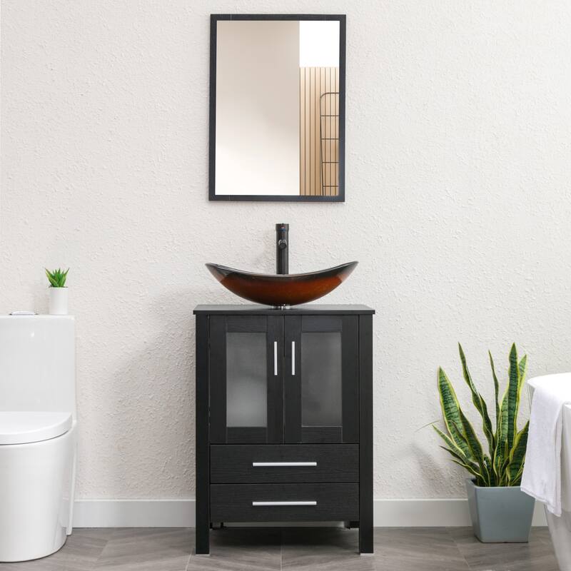 eclife 24" Classical Bathroom Vanity Set with Tempered Glass Vessel Sink Oil Rubbed Bronze Faucet and Drain