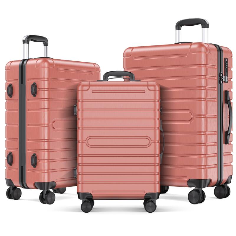 3 Piece PC+ABS Hardside Checked Spinner Luggage Set - Pink
