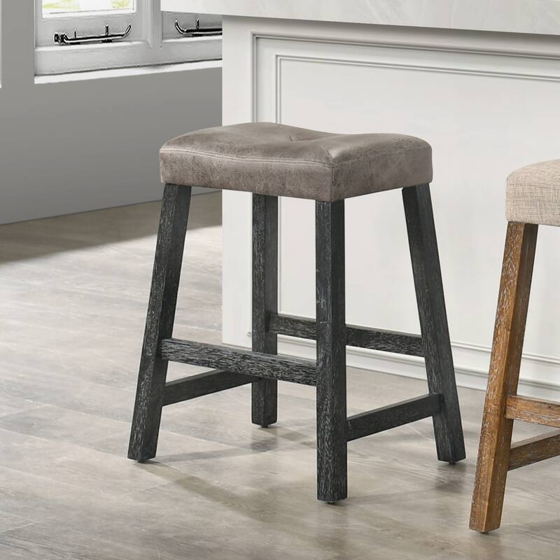 Backless Counter Stool Set of 2 - 25 Inch Wooden Barstool with Leather Seat, Sturdy Frame - Space-Saving Counter-Height Seating
