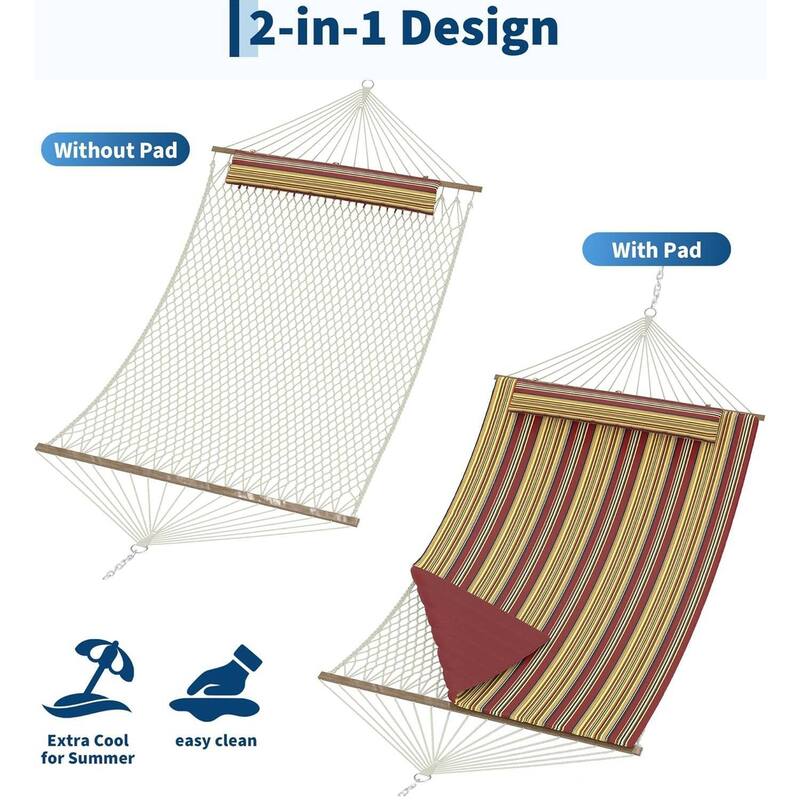 2 in 1 Outdoor Hammock with Cotton Rope and Polyester Pad for Patio, Backyard, Garden, Beach