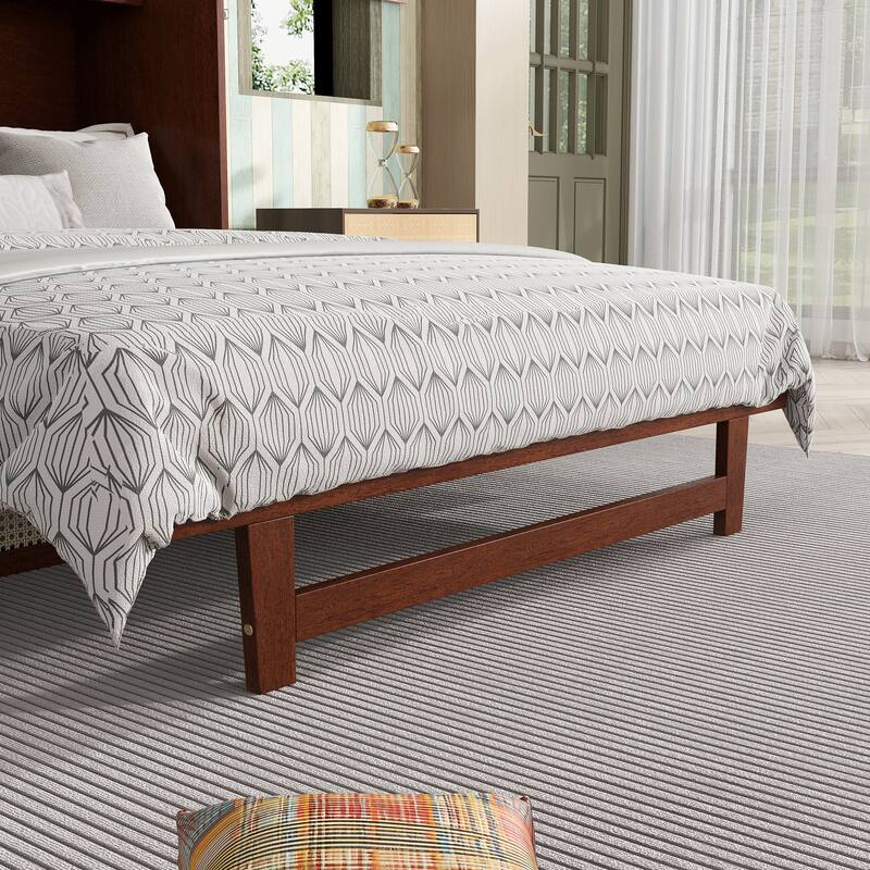 Queen Size Murphy Bed Cabinet with Rattan Decoration and Storage Drawer, Walnut Finish