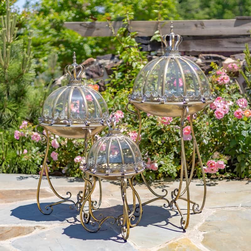 Set of 3 Glass Dome Terrariums on Stands with Antique Finish - 20.5" L x 20.5" W x 48" H - Frosted Gold
