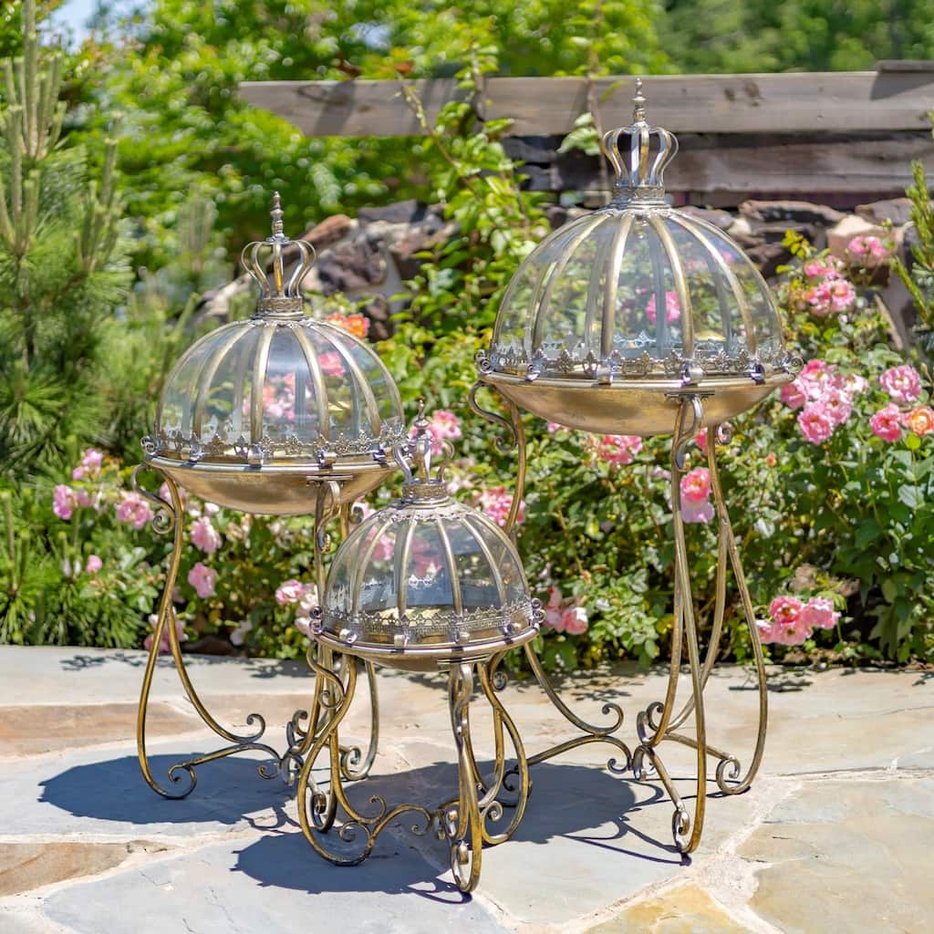 Set of 3 Glass Dome Terrariums on Stands with Antique Finish