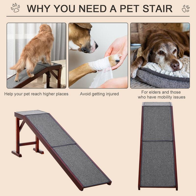 PawHut Pet Ramp for Dogs Non-slip Carpet Top Platform Pine Wood 69.75"L x 16"W x 25"H, Brown Grey