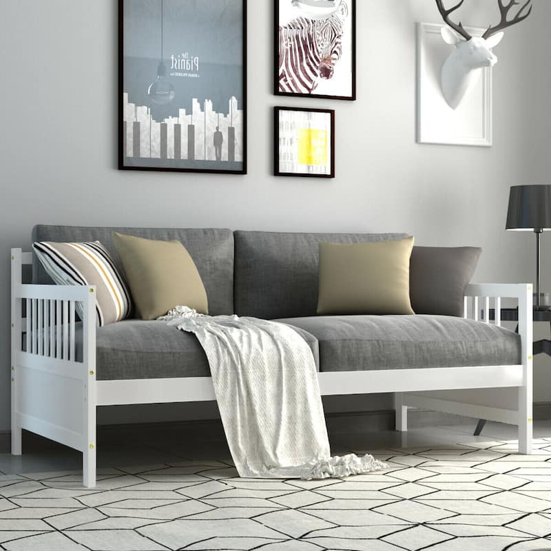 Gymax Twin Size Wooden Slats Daybed Frame Support Platform W/Rails - White