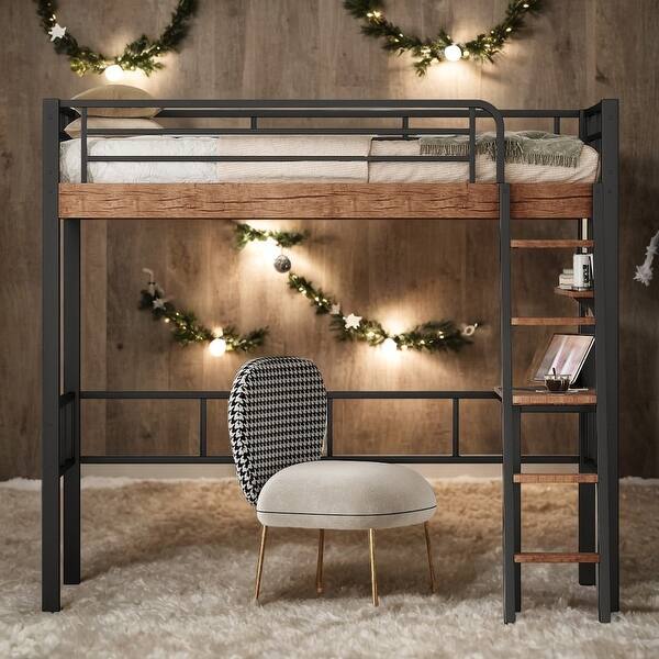 slide 2 of 18, Metal Loft Bed with Built-in Desk, Storage Shelf and Ladder, Twin Size Twin