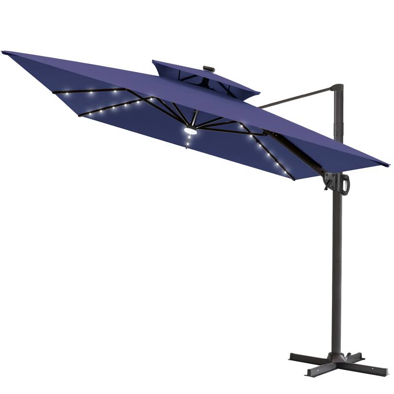 9 X 11 FT Outdoor Patio Cantilever Umbrella with Solar Lights Double Canopy 360 Rotation Tilt