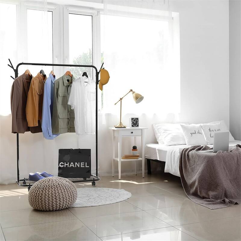 Industrial Style Garment Rack With Wheels And Hooks, Black - 17"D x 50.4"W x 64.5"H