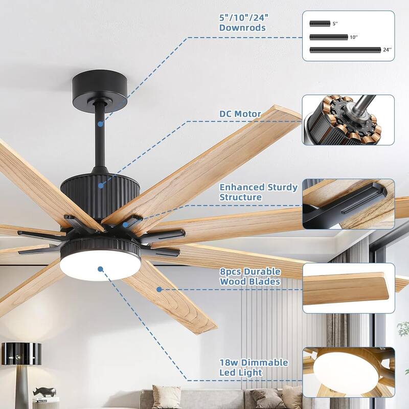 76" Large Smart Ceiling Fan with Light, Indoor Outdoor 6 Speeds Reversible Dc Motor Ceiling Fan for Living Room Patio