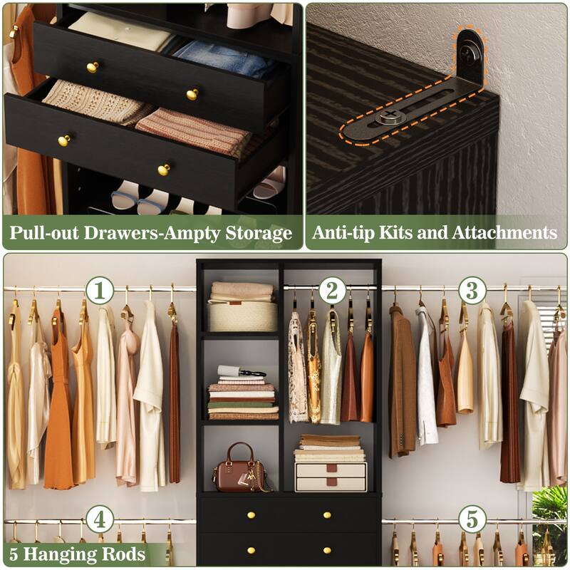 Closet Organizer with 5 Hanging Rods and 2 Drawers, Adjustable Closet System with Shelves and Shoe Rack