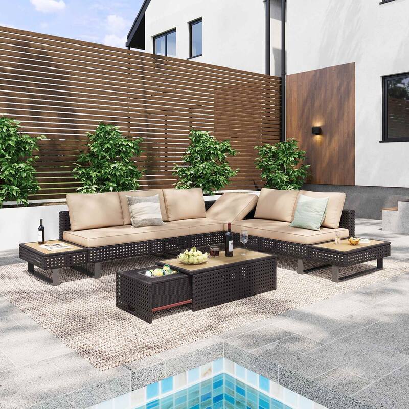 6-Person Diamond Weave Patio Sectional with Ice-Bucket Coffee Table