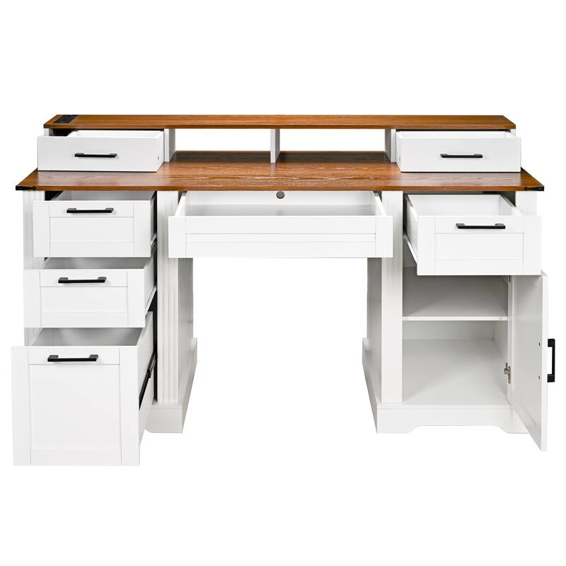 59" Farmhouse Office Desk with Charging Station, Barn Door, File Drawer & Monitor Stand