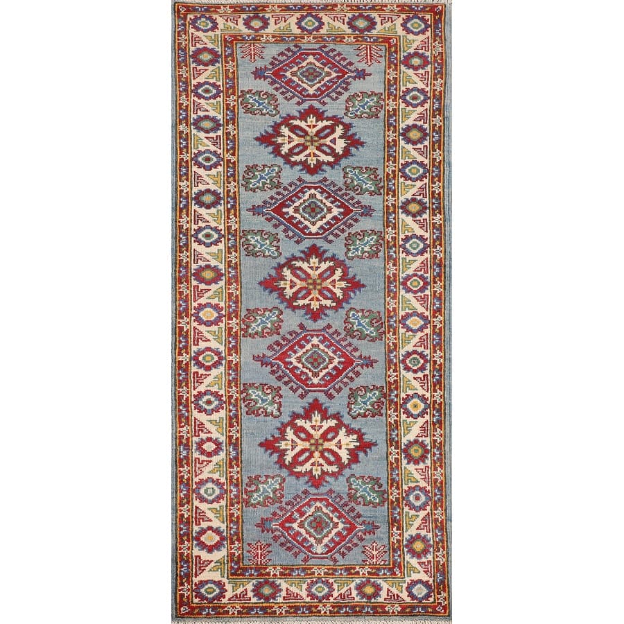 Blue Geometric Kazak Oriental Runner Rug Handmade Wool Carpet - 2'2" x 5'11"