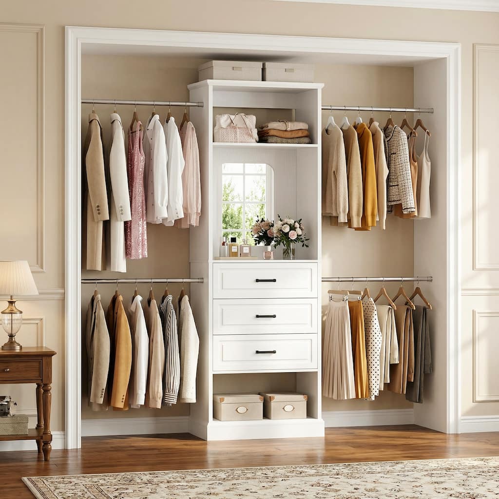 90'' W Closet System with Extendable Hanging Rods ＆ Mirror，Walk-in Closet Organizer System Starter Kit with Drawers