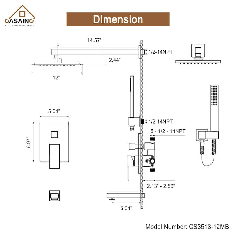 CASAINC 3-Function 12-In Wall Mounted Shower System