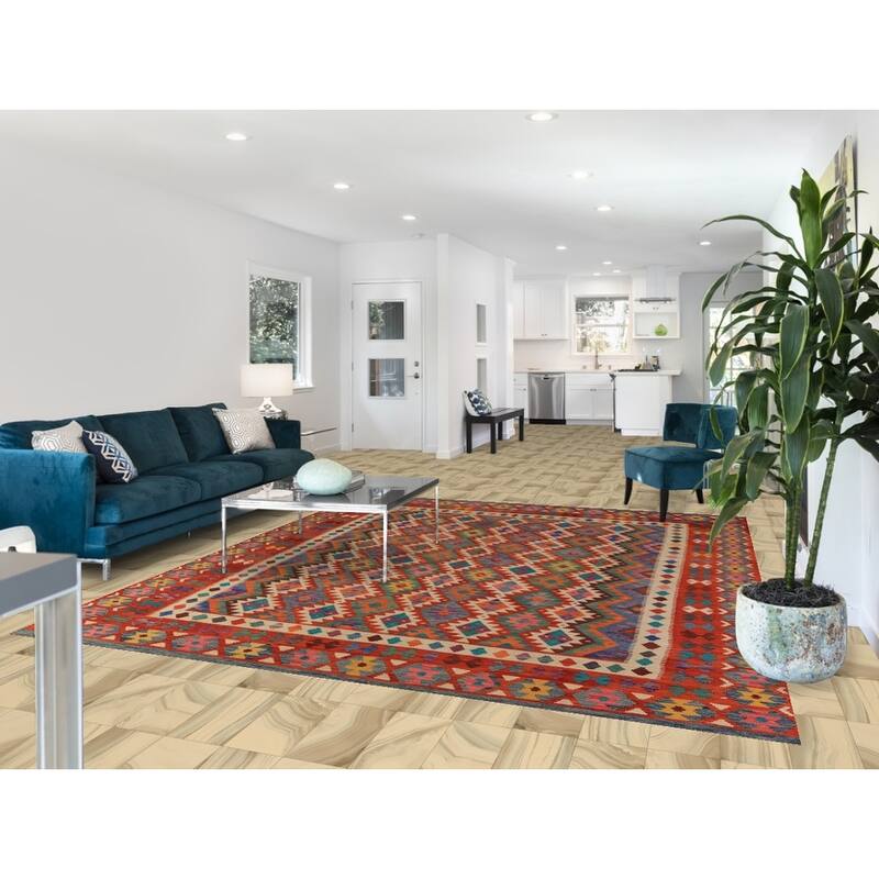 Reversible Kilim Oriental Area Rug Hand-Woven Orange Wool Carpet - 8'2" x 9'9"