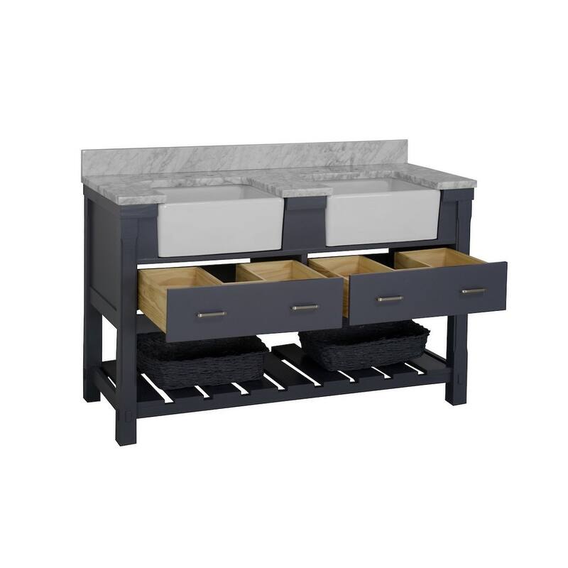 KitchenBathCollection Charlotte 60" Double Farmhouse Vanity with Carrara Marble Top