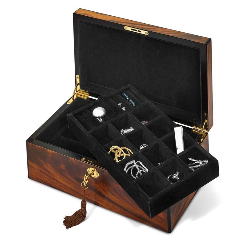 Curata Luxury Giftware Matte Finish Tiger Wood Veneer with Inlay Design Locking Wooden Jewelry Box