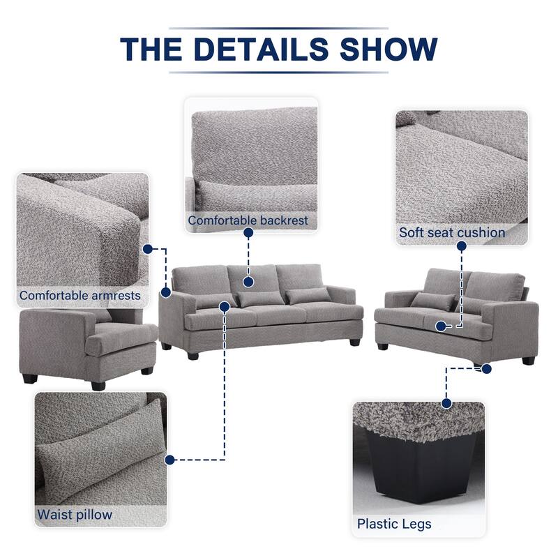 Velvet Upholstered Removable back Cushion Modern Sofas Couches with 3pcs waist pillow