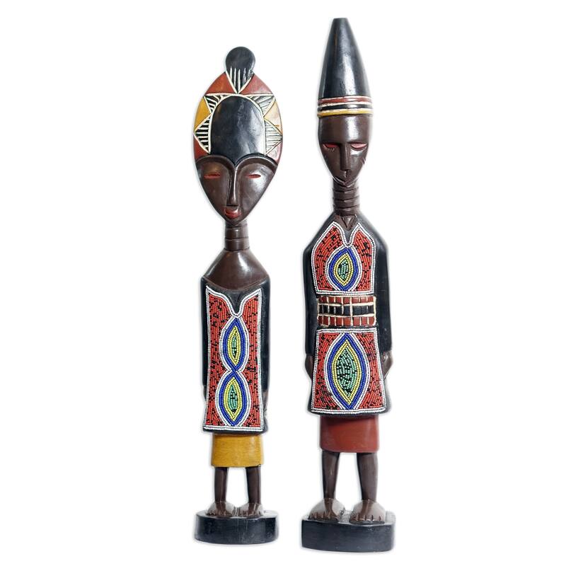 Novica Handmade Twin Spirits Hand-Beaded Wood Sculptures (Set Of 2)