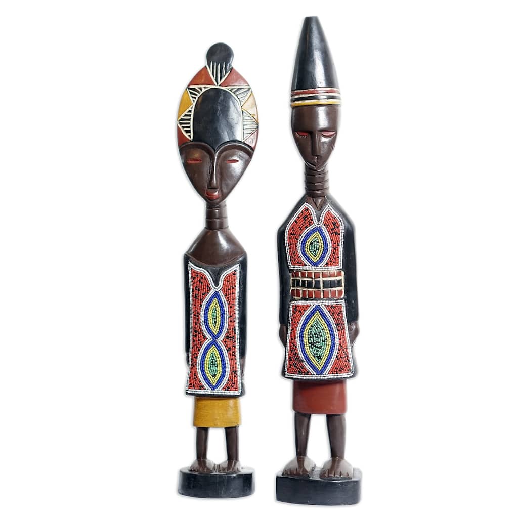 Novica Handmade Twin Spirits Hand-Beaded Wood Sculptures (Set Of 2)