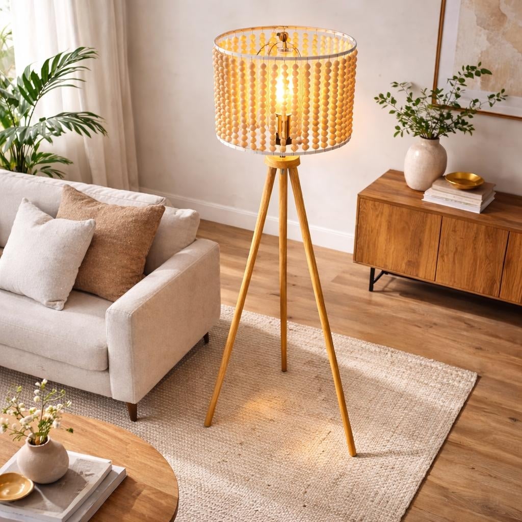 Sofi Natural Wood Tripod Floor Lamp with Beaded Shade
