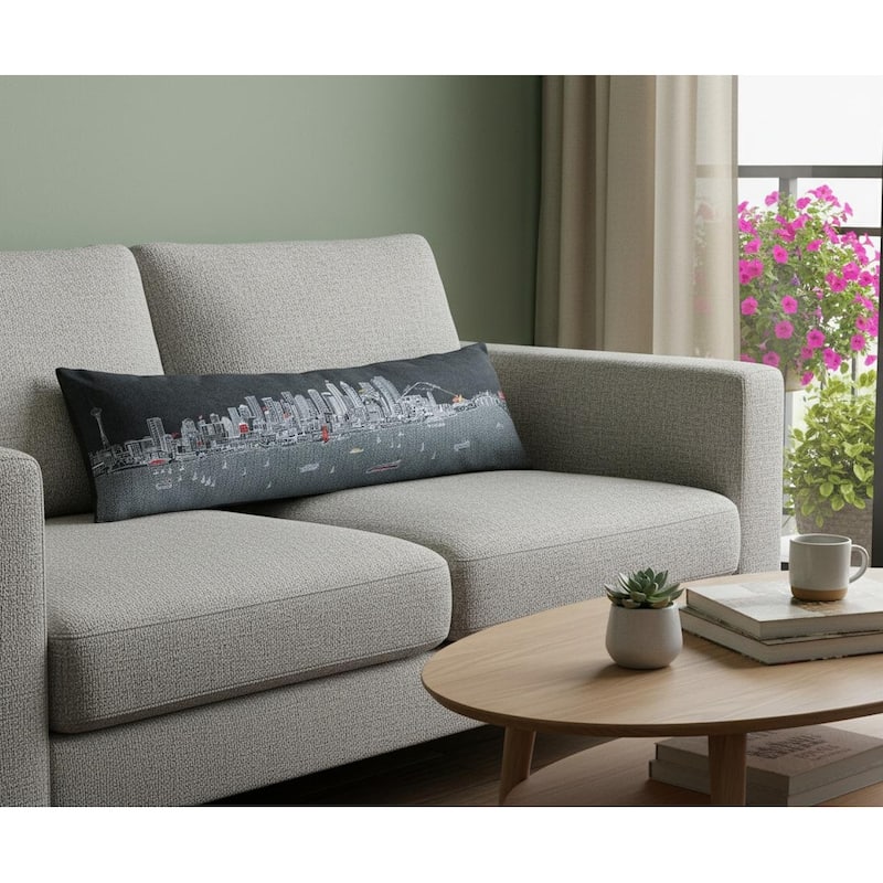 HomeRoots 14" X 46" Dark Gray And White Seattle Nighttime Skyline Lumbar Decorative Pillow